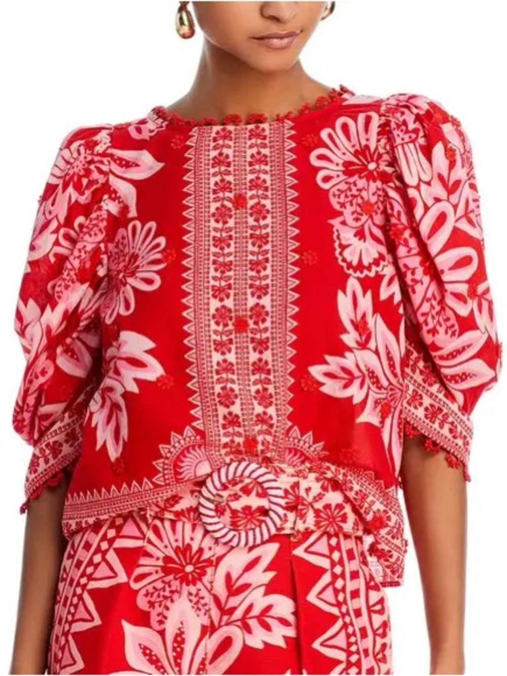 Farm Rio Flora Tapestry Blouse Puff Sleeve Peasant Boho Statement Bold Red XS - Picture 4 of 16
